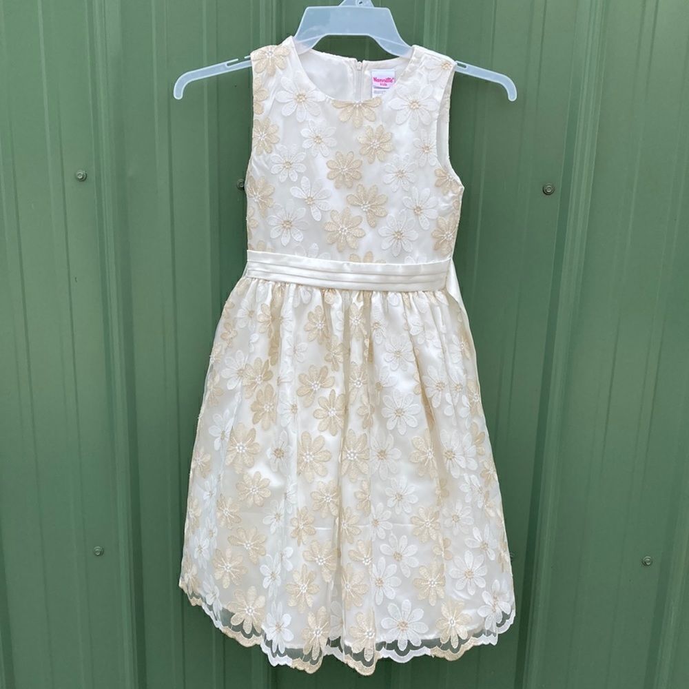 Girls Nannette Kids Floral Gold & Cream Color Formal Sleeveless Dress Size 12
